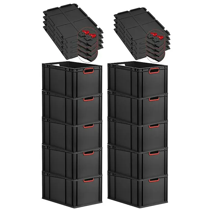 Proregal Euroboxen-Set 10x Eurobox NextGen Color mit Scharnierdeckel und Verschlüssen - L x B x H: 60 x 40 x 32 cm, Kunststoff, Schwarz, Rot, 10 Stk. - Bild von schwarzen stapelbaren Aufbewahrungsboxen mit roten Griffen und schwarzen Deckeln.