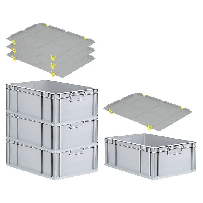 Proregal Euroboxen-Set 4x Eurobox NextGen Economy mit Auflagedeckel und 4x Verschlüsse Gelb - L x B x H: 60 x 40 x 22 cm, Kunststoff, Grau, 4 Stk. - Gestapelte graue Kunststoffbehälter mit Deckeln. Ideal für Lagerung und Transport. Robust und langlebig für vielfältige Anwendungen.