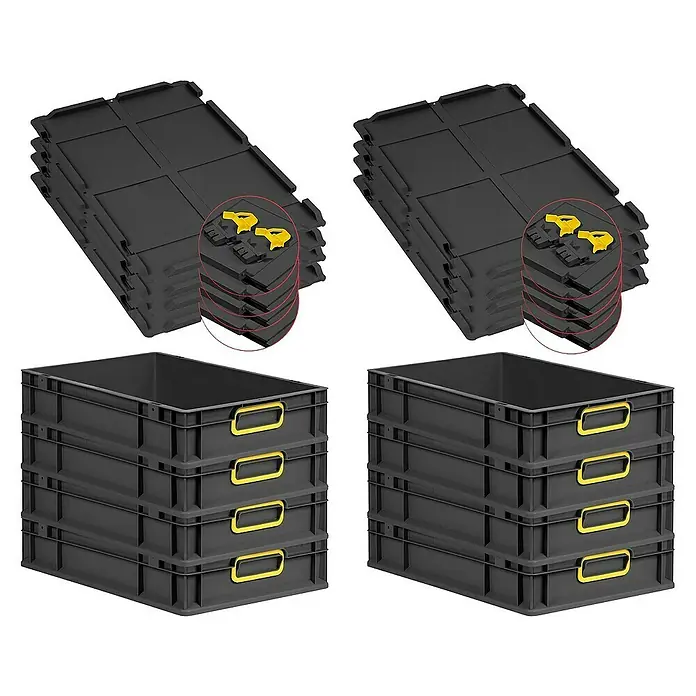Proregal Euroboxen-Set 8x Eurobox NextGen Color mit Scharnierdeckel und Verschlüssen - L x B x H: 60 x 40 x 12 cm, Kunststoff, Schwarz, Gelb, 8 Stk. - Schwarze Kunststoff-Lagerkästen mit gelben Griffen und Deckeln. Ideal für Lagerung und Transport.