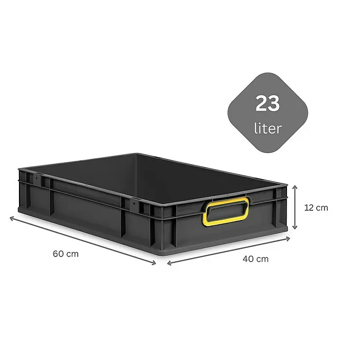 Proregal Euroboxen-Set 8x Eurobox NextGen Color mit Scharnierdeckel und Verschlüssen - L x B x H: 60 x 40 x 12 cm, Kunststoff, Schwarz, Gelb, 8 Stk. - Graue Kunststoffbox mit den Maßen 60 cm x 40 cm x 12 cm und einem Fassungsvermögen von 23 Litern.