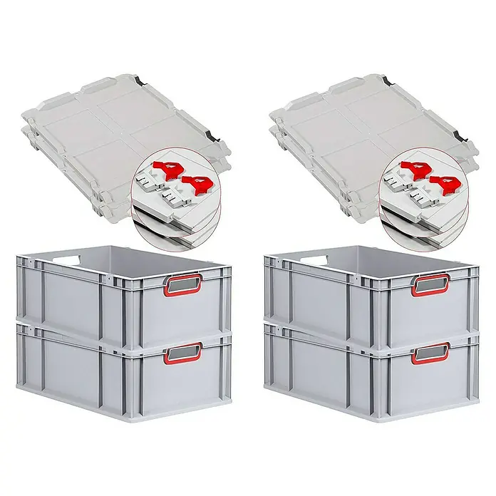 Proregal Euroboxen-Set 4x Eurobox NextGen Color mit Scharnierdeckel und Verschlüssen - L x B x H: 60 x 40 x 22 cm, Kunststoff, Grau, Rot, 4 Stk. - Ein Satz aus zwei grauen Lagerboxen und zwei grauen Deckeln mit roten Verschlüssen für eine sichere Lagerung und einen einfachen Transport.
