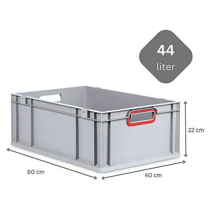 Proregal Euroboxen-Set 4x Eurobox NextGen Color mit Scharnierdeckel und Verschlüssen - L x B x H: 60 x 40 x 22 cm, Kunststoff, Grau, Rot, 4 Stk. - Graue 44-Liter-Kunststoffbox mit den Maßen 60 cm x 40 cm x 22 cm, ideal für Lagerung und Organisation.