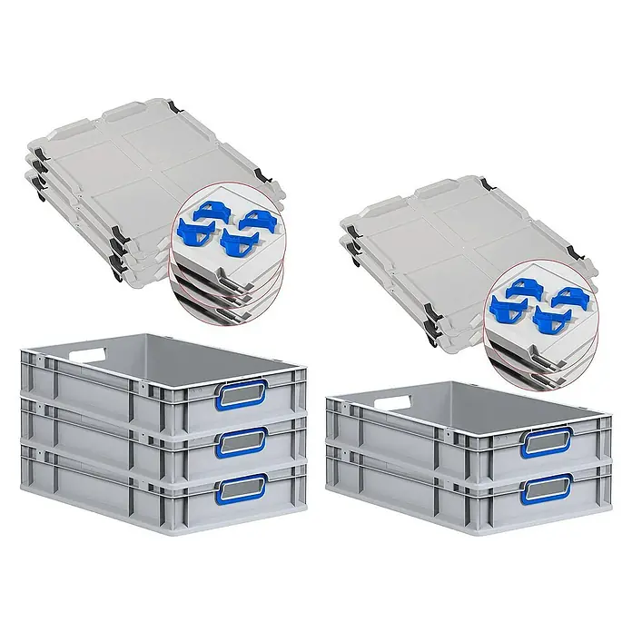 Proregal Euroboxen-Set 5x Eurobox NextGen Color mit Auflagedeckel und Schiebeschnappverschlüsse - L x B x H: 60 x 40 x 12 cm, Kunststoff, Grau, Blau, 5 Stk. - Lagerboxen-Set mit Deckeln & Transportgriffen. Ideal für Lagerung & Transport. Robuste, stapelbare Behälter für Ordnung & Effizienz.
