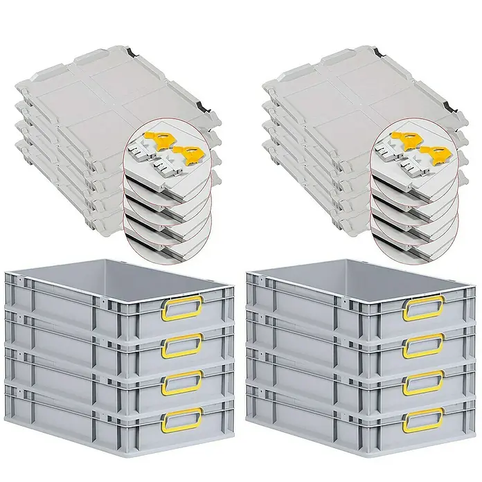 SuperSparSet 8x Eurobox NextGen Color mit Scharnierdeckel und Schiebeschnappverschlüssen | HxBxT 12x40x60cm | 23 Liter | Grau | Griffe gelb geschlossen | Glatter Boden | Eurobehälter, Transportbox, Transportbehälter, Stapelbehälter -  - Stapelbare graue Kunststoffbehälter mit gelben Griffen und Deckeln.