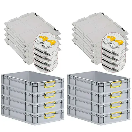 SuperSparSet 8x Eurobox NextGen Color mit Scharnierdeckel und Schiebeschnappverschlüssen | HxBxT 12x40x60cm | 23 Liter | Grau | Griffe gelb geschlossen | Glatter Boden | Eurobehälter, Transportbox, Transportbehälter, Stapelbehälter