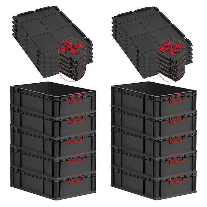 Proregal Euroboxen-Set 10x Eurobox NextGen Color mit Auflagedeckel und Schiebeschnappverschlüsse - L x B x H: 60 x 40 x 17 cm, Kunststoff, Schwarz, Rot, 10 Stk. - Das Bild zeigt zwei Stapel von schwarzen Kunststoffboxen mit roten Griffen und dazugehörigen Deckeln und Klammern. Die robusten Aufbewahrungsboxen sind ideal für Ordnung.