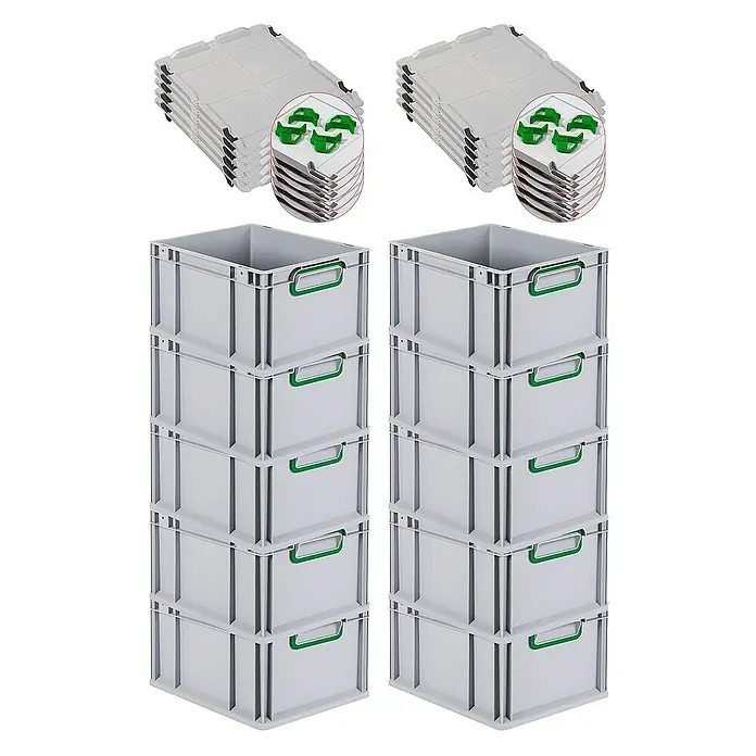 Proregal Euroboxen-Set 10x Eurobox NextGen Color mit Auflagedeckel und Schiebeschnappverschlüsse - L x B x H: 40 x 30 x 22 cm, Kunststoff, Grau, Grün, 10 Stk. - Abbildung von grauen Lagerbehältern und Deckeln mit grünen Griffen. Die Boxen sind gestapelt und die Deckel liegen in einem Stapel daneben.