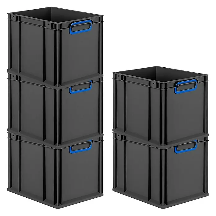 Proregal Euroboxen-Set 4x Eurobox NextGen Color - Kunststoff, Schwarz, Blau, 4 Stk. - Stapelbare graue Kunststoffboxen mit blauen Griffen. Ideal für Lagerung und Transport.