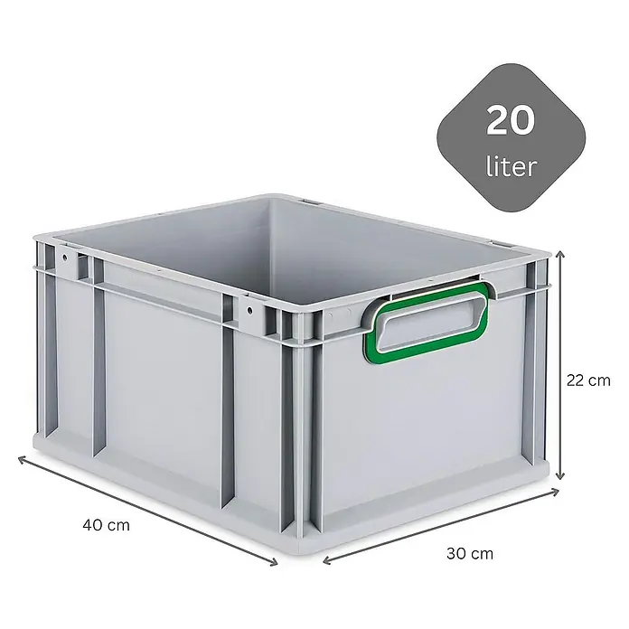 Proregal Euroboxen-Set 10x Eurobox NextGen Color mit Auflagedeckel und Schiebeschnappverschlüsse - L x B x H: 40 x 30 x 22 cm, Kunststoff, Grau, Grün, 10 Stk. - Graue 20-Liter-Lagerbox aus Kunststoff mit grünen Griffen und Abmessungen zur Aufbewahrung.