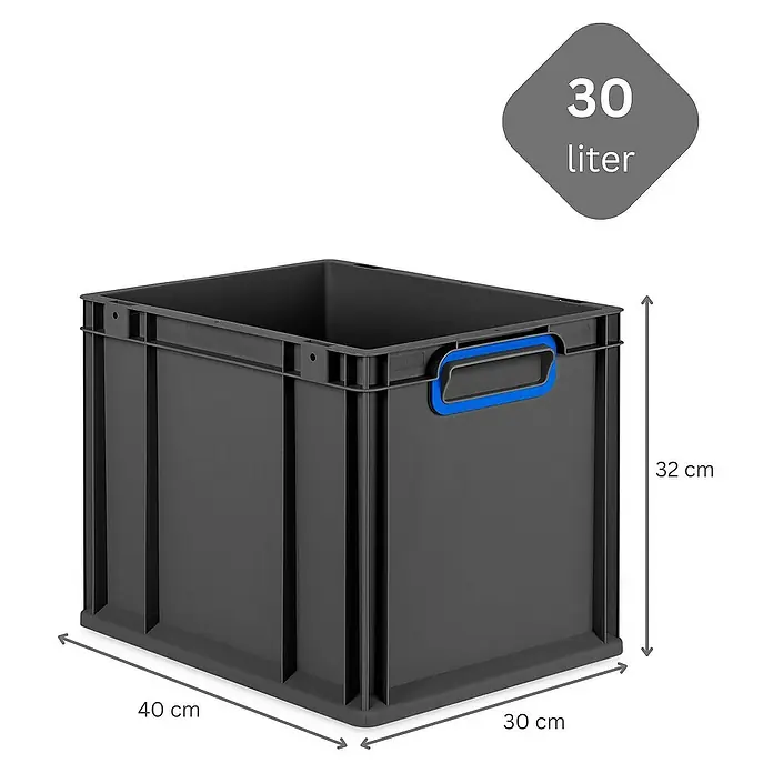 Proregal Euroboxen-Set 4x Eurobox NextGen Color - Kunststoff, Schwarz, Blau, 4 Stk. - Grauer 30-Liter-Lagerbehälter aus Kunststoff, ideal für Organisation und Aufbewahrung. Seine robusten Abmessungen sind 40x30x32 cm.