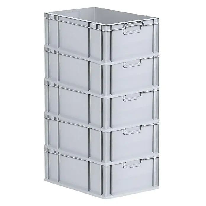 Proregal Euroboxen-Set 5x Eurobox NextGen Economy mit Scharnierdeckel und gelben Verschlüssen - L x B x H: 60 x 40 x 22 cm, Kunststoff, Grau, 5 Stk. - Fünf graue Kunststoffboxen sind aufeinander gestapelt und bilden ein praktisches Aufbewahrungssystem mit Griffen.