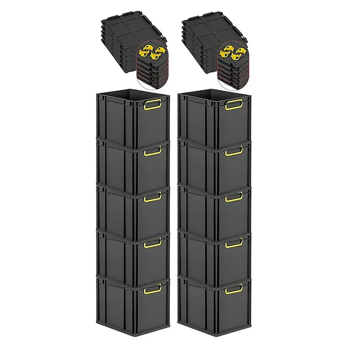 Proregal Euroboxen-Set 10x Eurobox NextGen Color mit Auflagedeckel und Schiebeschnappverschlüsse - Kunststoff, Schwarz, Gelb, 10 Stk. - Das Bild zeigt eine Nahaufnahme von schwarzen, stapelbaren Aufbewahrungsboxen aus Kunststoff mit gelben Griffen und schwarzen Deckeln.