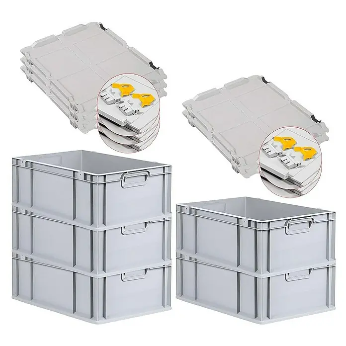 Proregal Euroboxen-Set 5x Eurobox NextGen Economy mit Scharnierdeckel und gelben Verschlüssen - L x B x H: 60 x 40 x 22 cm, Kunststoff, Grau, 5 Stk. - Stapelbare Kunststoffboxen und Deckel. Ideal für Lagerung und Transport. Robust und platzsparend durch Stapelbarkeit.