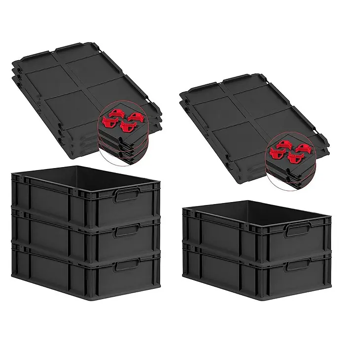 Proregal Euroboxen-Set 5x Eurobox NextGen Grip mit Auflagedeckel inkl. 4 roten Verschlüssen - L x B x H: 60 x 40 x 17 cm, Kunststoff, Schwarz, 5 Stk. - Schwarze Kunststoffboxen und faltbare Kisten mit roten Verschlüssen, ideal für Lagerung und Transport. Robuste, stapelbare Behälter für vielseitige Anwendungen.