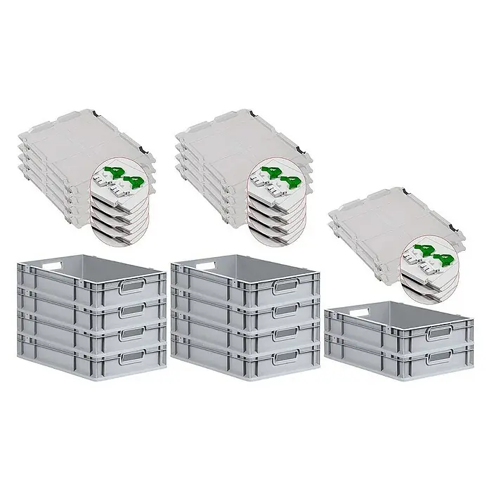 Proregal Euroboxen-Set 10x Eurobox NextGen Grip mit Scharnierdeckel und grünen Verschlüssen - L x B x H: 60 x 40 x 12 cm, Kunststoff, Grau, 10 Stk. - Das Bild zeigt eine Auswahl an grauen Kunststoffboxen und grauen Kunststoffdeckeln, die in Dreierstapeln angeordnet sind.