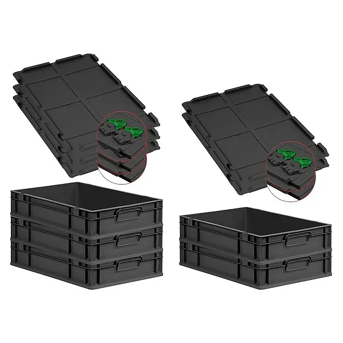 SuperSparSet 5x Eurobox NextGen Grip mit Scharnierdeckel und grünen Schiebeschnappverschlüssen | HxBxT 12x40x60cm | 23 Liter | Schwarz | Griffe geschlossen | Eurobehälter, Transportbox, Transportbehälter, Stapelbehälter -  - Stapelbare graue Kunststoffboxen und dazugehörige Deckel. Perfekt für Lagerung und Organisation mit robustem Design.