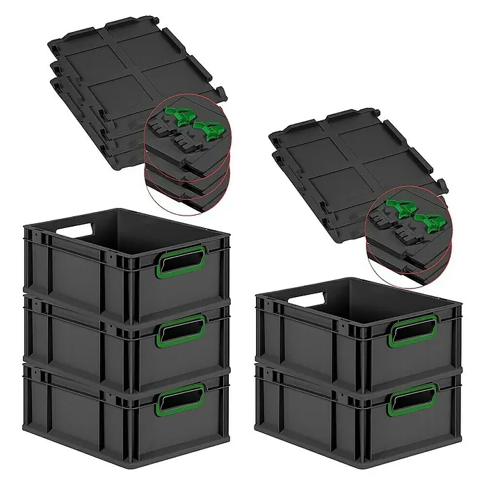 Proregal Euroboxen-Set 5x Eurobox NextGen Color mit Scharnierdeckel und Verschlüssen - L x B x H: 40 x 30 x 17 cm, Kunststoff, Schwarz, Grün, 5 Stk. - Bild von schwarzen Stapelboxen mit grünen Griffen und Deckeln. Ideal für Lagerung und Ordnung.