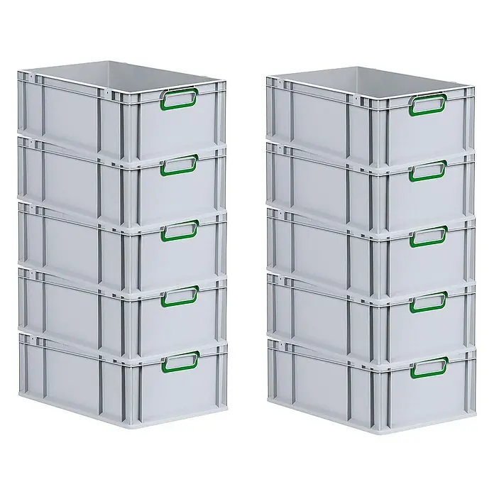 Proregal Euroboxen-Set 10x Eurobox NextGen Color - L x B x H: 60 x 40 x 22 cm, Kunststoff, Grau, Grün, 10 Stk. - Zwei Stapel grauer Eurobehälter mit grünen Griffen. Diese robusten Boxen sind ideal für Lagerung und Transport.