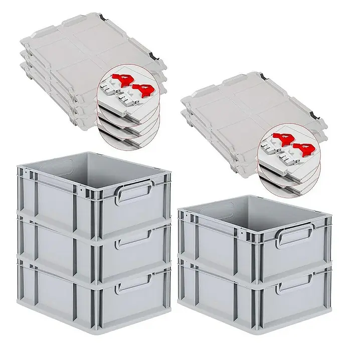 Proregal Euroboxen-Set 5x Eurobox NextGen Economy mit Scharnierdeckel und roten Verschlüssen - L x B x H: 40 x 30 x 17 cm, Kunststoff, Grau, 5 Stk. - Stapelbare Eurobehälter mit Deckeln. Praktische Aufbewahrungslösung für Lager und Transport, robust und platzsparend.