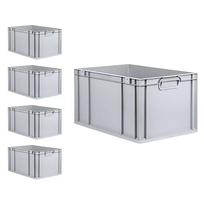 Proregal Euroboxen-Set 5x Eurobox NextGen Grip mit Scharnierdeckel und blauen Verschlüssen - Kunststoff, Grau, 5 Stk. - Graue Kunststoffboxen mit Griffen, ideal zur Lagerung und Organisation von Gegenständen.