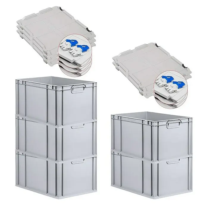 Proregal Euroboxen-Set 5x Eurobox NextGen Grip mit Scharnierdeckel und blauen Verschlüssen - Kunststoff, Grau, 5 Stk. - Abgebildet sind stapelbare Kunststoffbehälter und Deckel, ideal für Lagerung und Transport, robust und vielseitig einsetzbar.