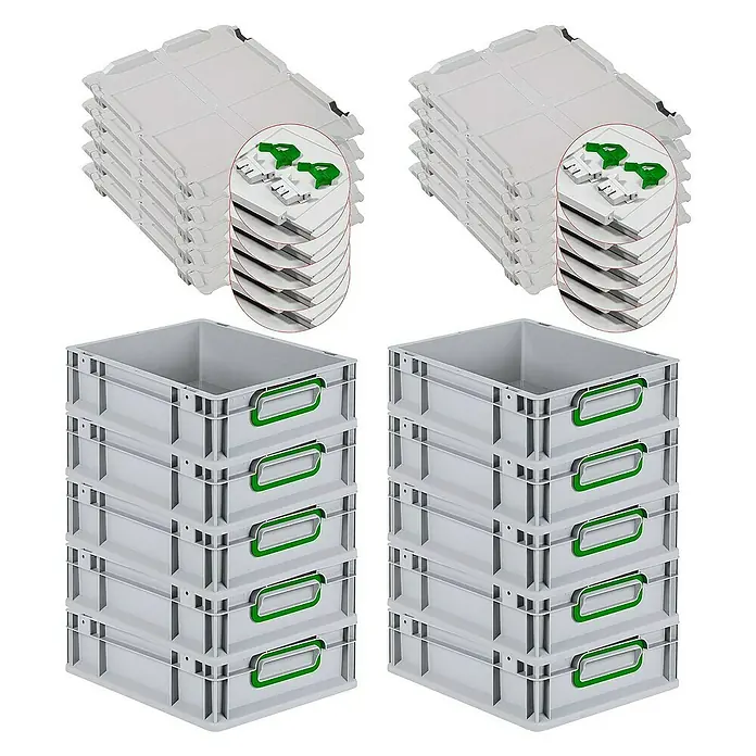 Proregal Euroboxen-Set 10x Eurobox NextGen Color mit Scharnierdeckel und Verschlüssen - L x B x H: 40 x 30 x 12 cm, Kunststoff, Grau, Grün, 10 Stk. - Graue Lagerbehälter und Deckel im Stapel, ideal für Organisation. Robuste Kunststoffboxen mit grünen Griffen und stapelbaren Deckeln.