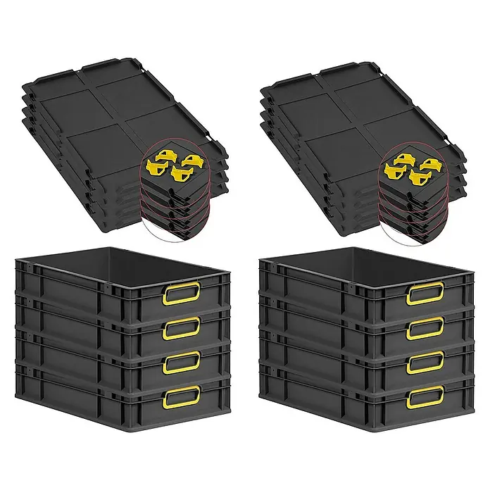 Proregal Euroboxen-Set 8x Eurobox NextGen Color mit Auflagedeckel und Schiebeschnappverschlüsse - L x B x H: 60 x 40 x 12 cm, Kunststoff, Schwarz, Gelb, 8 Stk. - Schwarze Kunststoffbehälter und Deckel, ideal für Lagerung und Organisation, mit gelben Griffen und Clips für sicheren Transport.