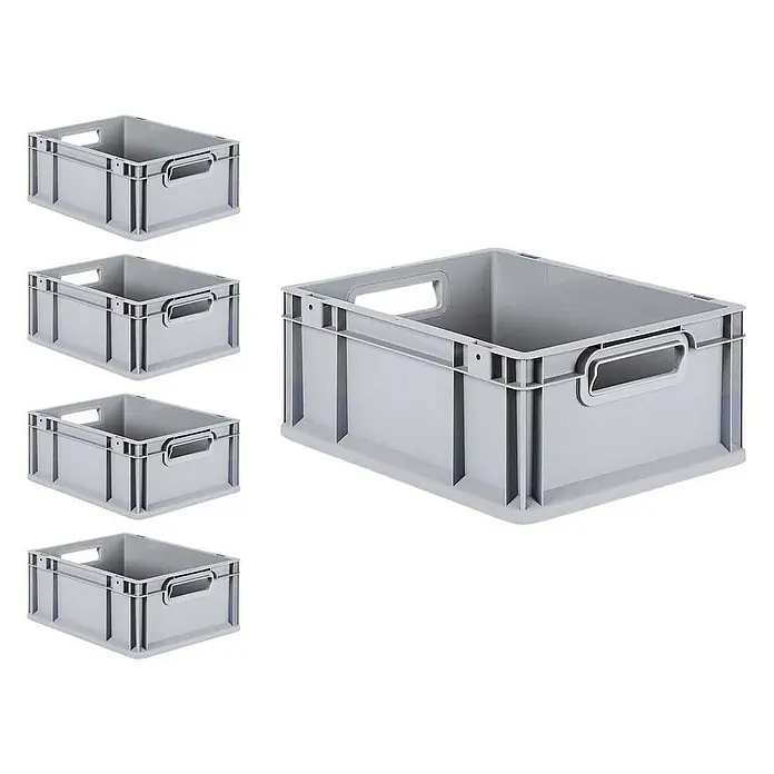 Proregal Euroboxen-Set 5x Eurobox NextGen Grip mit Scharnierdeckel und blauen Verschlüssen - L x B x H: 40 x 30 x 17 cm, Kunststoff, Grau, 5 Stk. - Mehrere graue Kunststoffbehälter. Sie sind stapelbar, haben Griffe und eignen sich gut zur Aufbewahrung und Organisation.