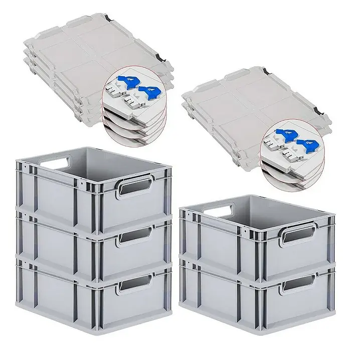 Proregal Euroboxen-Set 5x Eurobox NextGen Grip mit Scharnierdeckel und blauen Verschlüssen - L x B x H: 40 x 30 x 17 cm, Kunststoff, Grau, 5 Stk. - Das Bild zeigt eine Nahaufnahme von stabilen, stapelbaren Kunststoffboxen und passenden Deckeln, ideal für Lagerung und Transport.