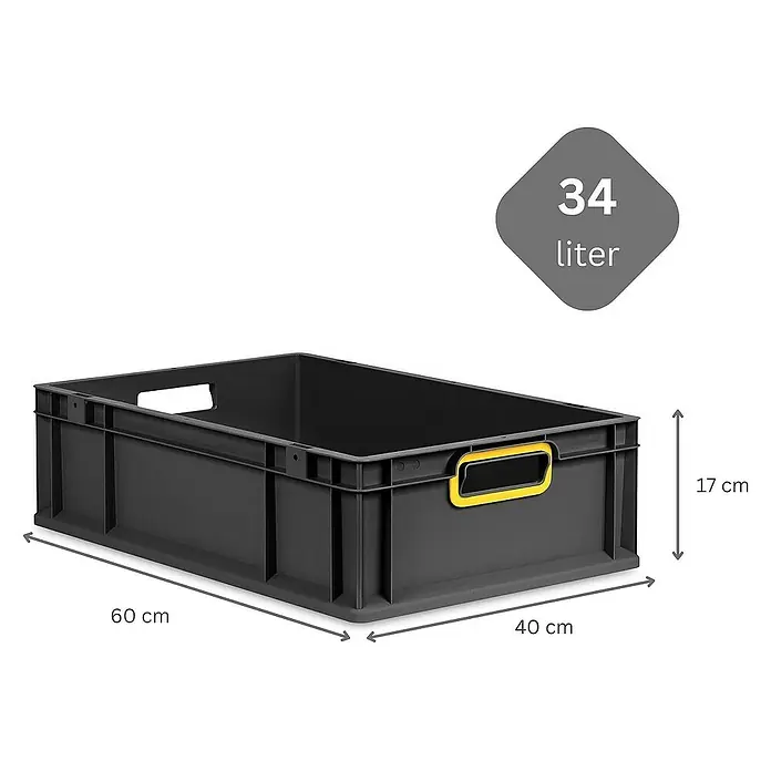 Proregal Euroboxen-Set 5x Eurobox NextGen Color mit Auflagedeckel und Schiebeschnappverschlüsse - L x B x H: 60 x 40 x 17 cm, Kunststoff, Schwarz, Gelb, 5 Stk. - Schwarzer 34-Liter-Kunststoffbehälter mit gelben Griffen und den Maßen 60 x 40 x 17 cm.