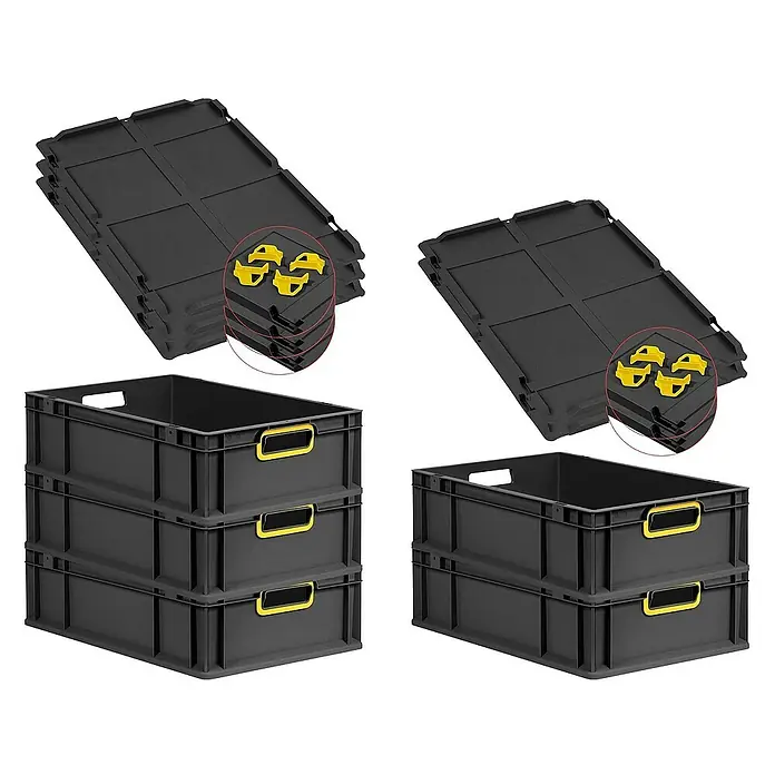 Proregal Euroboxen-Set 5x Eurobox NextGen Color mit Auflagedeckel und Schiebeschnappverschlüsse - L x B x H: 60 x 40 x 17 cm, Kunststoff, Schwarz, Gelb, 5 Stk. - Schwarze Kunststoffbehälter mit gelben Griffen, einige leer gestapelt und einige flach zusammengelegt.