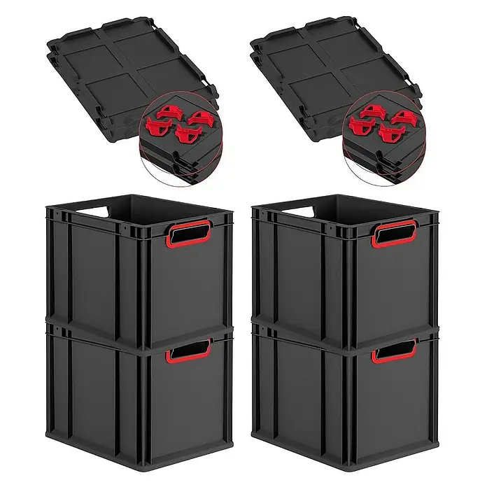 Proregal Euroboxen-Set 4x Eurobox NextGen Color mit Auflagedeckel und Schiebeschnappverschlüsse - Kunststoff, Schwarz, Rot, 4 Stk. - Das Bild zeigt zwei Stapel grauer Aufbewahrungsboxen und zwei dazu passende Deckel mit roten Akzenten, ideal für die Organisation.