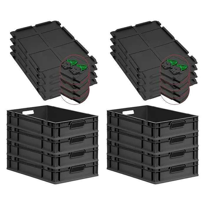 Proregal Euroboxen-Set 8x Eurobox NextGen Grip mit Scharnierdeckel und grünen Verschlüssen - L x B x H: 60 x 40 x 12 cm, Kunststoff, Schwarz, 8 Stk. - Bild von zwei Stapeln schwarzer Kunststoffboxen und Deckel. Ideal für Lagerung und Organisation.