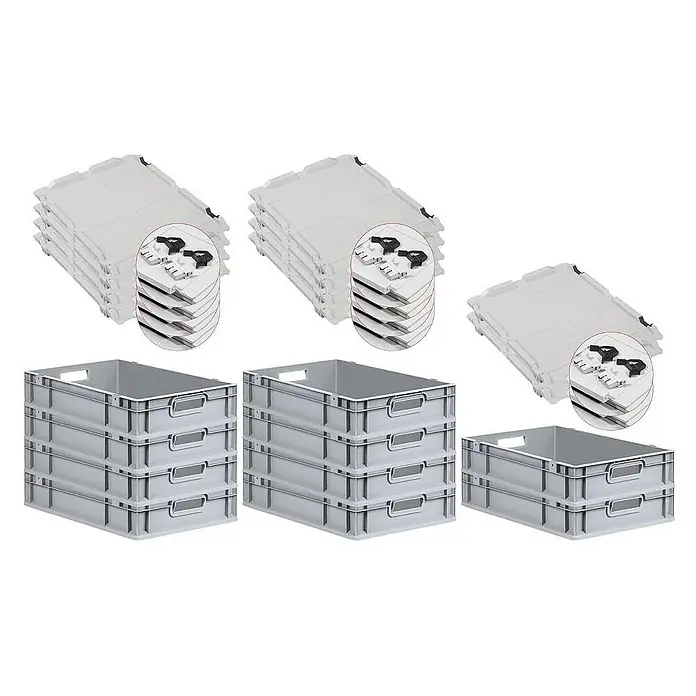 Proregal Euroboxen-Set 10x Eurobox NextGen Economy mit Scharnierdeckel und schwarzen Verschlüssen - L x B x H: 60 x 40 x 12 cm, Kunststoff, Grau, 10 Stk. - Stapelbare Eurobehälter und passende Deckel in Grau, ideal für Lagerung und Transport. Robuste Kunststoffkisten mit praktischen Griffen.