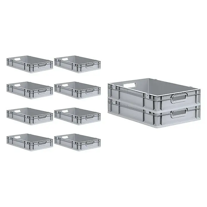 Proregal Euroboxen-Set 10x Eurobox NextGen Economy mit Scharnierdeckel und schwarzen Verschlüssen - L x B x H: 60 x 40 x 12 cm, Kunststoff, Grau, 10 Stk. - Graue Kunststoffbehälter, ideal für Lagerung und Transport, mit praktischen Griffen und stapelbarem Design für effiziente Raumnutzung.