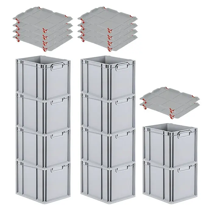 Proregal Euroboxen-Set 10x Eurobox NextGen Grip mit Auflagedeckel inkl. 4 roten Verschlüssen - Kunststoff, Grau, 10 Stk. - Abbildung von grauen Kunststoffboxen mit passenden Deckeln, die sich ideal für Lagerung und Organisation eignen.