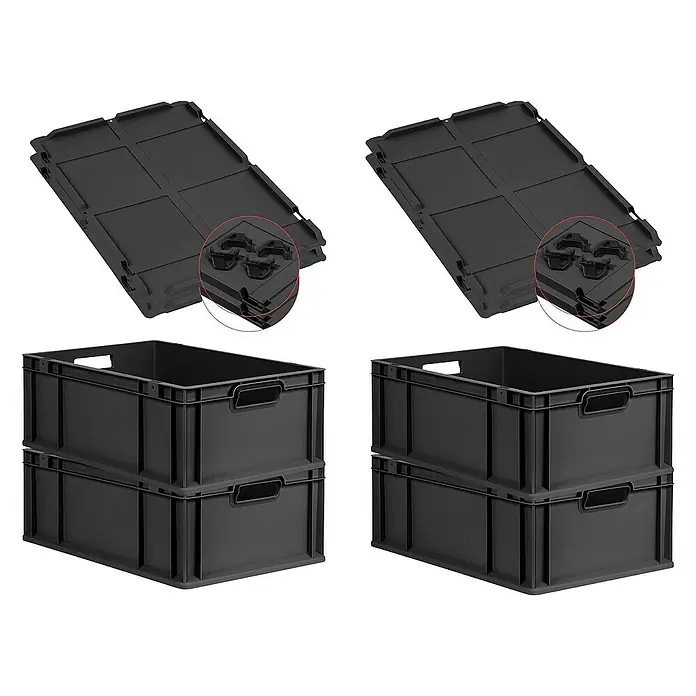 Proregal Euroboxen-Set 4x Eurobox NextGen Grip mit Auflagedeckel inkl. 4 schwarzen Verschlüssen - L x B x H: 60 x 40 x 22 cm, Kunststoff, Schwarz, 4 Stk. - Bild von zwei schwarzen, gestapelten Lagerkisten und zwei dazugehörigen Deckeln. Die Kunststoffkisten sind robust und ideal für Lagerzwecke.