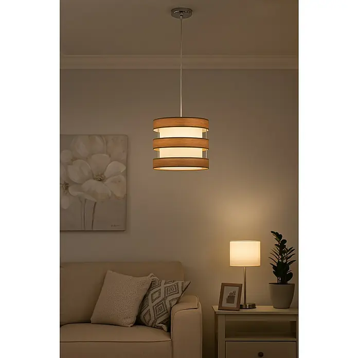 Tween Light Lámpara colgante redonda Piano - 60 W, Ø x Al: 30 x 110 cm, Beige, E27 - Una moderna lámpara colgante de tres niveles con madera y tela, que emite una luz cálida y crea un ambiente acogedor en la habitación.