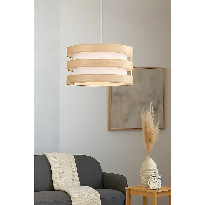 Tween Light Piano Lámpara colgante redonda Piano - 60 W, Ø x Al: 50 x 110 cm, Beige, E27 - Lámpara colgante moderna con tres anillos de madera y paneles de tela blanca. Ideal para crear una luz cálida en el salón o comedor.