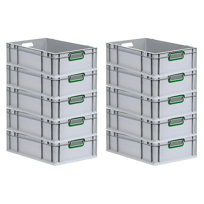 Proregal Euroboxen-Set 10x Eurobox NextGen Color - L x B x H: 60 x 40 x 17 cm, Kunststoff, Grau, Grün, 10 Stk. - Zwei Stapel grauer Lagerkisten aus Kunststoff, jede mit grünen Etikettenhaltern, die eine effiziente Organisation ermöglichen.