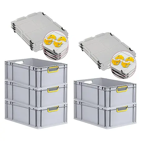Proregal  Euroboxen-Set 5x Eurobox NextGen Color mit Auflagedeckel und Schiebeschnappverschlüsse