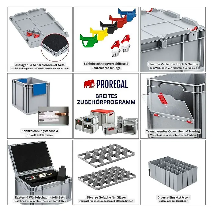 Proregal Euroboxen-Set 4x Eurobox NextGen Grip mit Auflagedeckel inkl. 4 schwarzen Verschlüssen - Kunststoff, Grau, 4 Stk. - Verschiedenes Proregal-Zubehör: Auflagen- und Scharnierdeckel-Sets, Schiebeschnappverschlüsse, flexible Verbinder, Etikettenklammern, uvm.