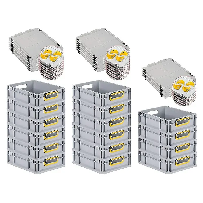 Proregal Euroboxen-Set 16x Eurobox NextGen Color mit Auflagedeckel und Schiebeschnappverschlüsse - L x B x H: 40 x 30 x 12 cm, Kunststoff, Grau, Gelb, 16 Stk. - Das Bild zeigt drei Stapel grauer Lagerboxen und dazugehörige Deckel mit gelben Verschlüssen. Die Kunststoffboxen sind ideal für die Organisation.