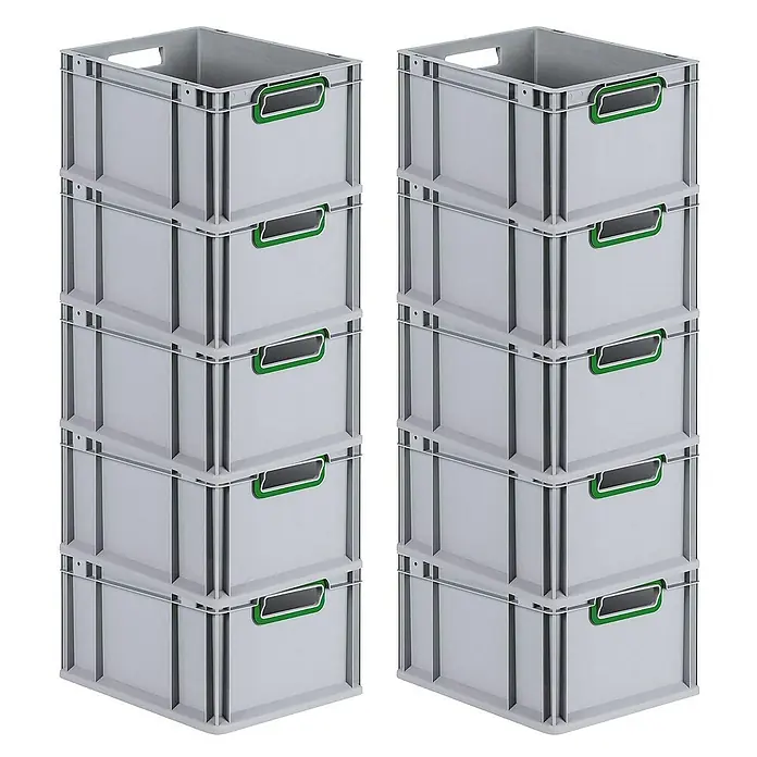 Proregal Euroboxen-Set 10x Eurobox NextGen Color - L x B x H: 40 x 30 x 22 cm, Kunststoff, Grau, Grün, 10 Stk. - Zwei Stapel grauer Kunststoffbehälter mit grünen Griffen, ideal für Lagerung und Organisation. Robuste Bauweise für vielseitige Anwendungen.