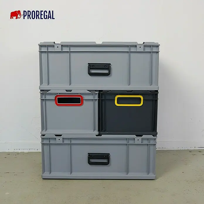 Proregal Euroboxen-Set 5x Eurobox NextGen Color mit Scharnierdeckel und Verschlüssen - Kunststoff, Schwarz, Gelb, 5 Stk. - Gestapelte Proregal-Aufbewahrungsboxen in Grau und Schwarz mit farbigen Griffen zur einfachen Organisation und Lagerung.
