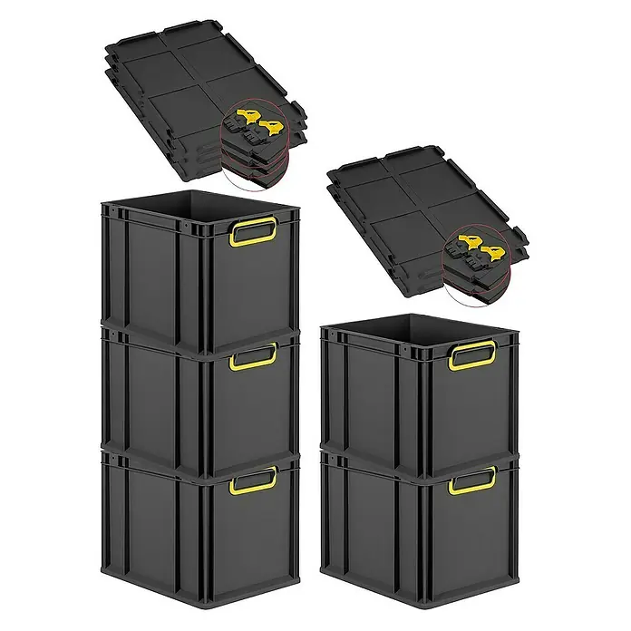 Proregal Euroboxen-Set 5x Eurobox NextGen Color mit Scharnierdeckel und Verschlüssen - Kunststoff, Schwarz, Gelb, 5 Stk. - Drei schwarze Kunststoffboxen mit gelben Griffen und zwei Stapel Deckel darauf.