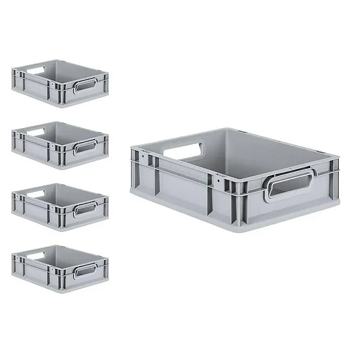 Proregal Euroboxen-Set 5x Eurobox NextGen Economy mit Scharnierdeckel und grünen Verschlüssen - L x B x H: 40 x 30 x 12 cm, Kunststoff, Grau, 5 Stk. - Graue Kunststoffkisten für Lagerung und Organisation, stapelbar und robust.