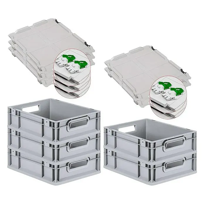Proregal Euroboxen-Set 5x Eurobox NextGen Economy mit Scharnierdeckel und grünen Verschlüssen - L x B x H: 40 x 30 x 12 cm, Kunststoff, Grau, 5 Stk. - Stapelbare Euroboxen und Deckel: Das Set enthält graue Kunststoffboxen mit Griffen und passende Deckel für eine sichere Aufbewahrung.