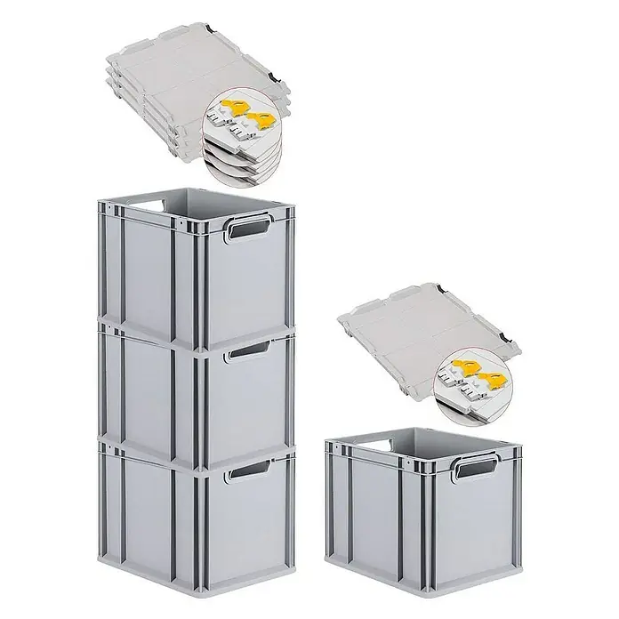 Proregal Euroboxen-Set 4x Eurobox NextGen Grip mit Scharnierdeckel und gelben Verschlüssen - Kunststoff, Grau, 4 Stk. - Stapelbare graue Kunststoffboxen mit passenden Deckeln. Ideal zur Lagerung und Organisation von Gegenständen im Haushalt oder im Büro.