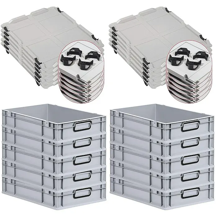 Proregal Euroboxen-Set 10x Eurobox NextGen Color mit Auflagedeckel und Schiebeschnappverschlüsse - L x B x H: 60 x 40 x 12 cm, Kunststoff, Grau, Schwarz, 10 Stk. - Stapelbare Kunststoffboxen und Deckel für Lagerung und Transport, ideal für Ordnung. Robuste Bauweise für Gewerbe und Hobby.